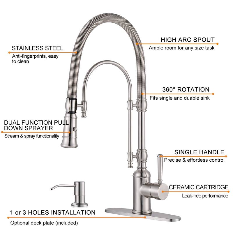 WOWOW Single Handle Gooseneck Pull Down Sprayer Kitchen Faucet