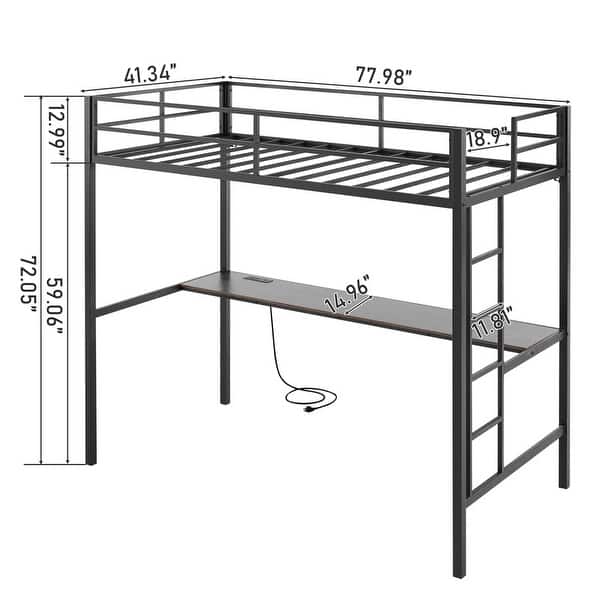 dimension image slide 3 of 4, Twin Square Tube Raised Bed With Table Outlet LED Light Strip Iron Bed USA