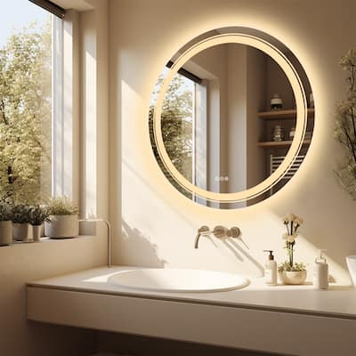 Large LED Bathroom Mirror Round Dual Light Frameless Vanity Anti-Fog