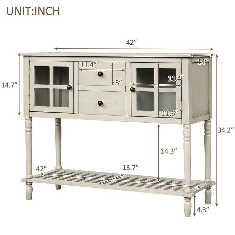 Distressed Wood Buffet Cabinet with Roman Legs and Brass Knobs for Entryway and Kitchen Storage