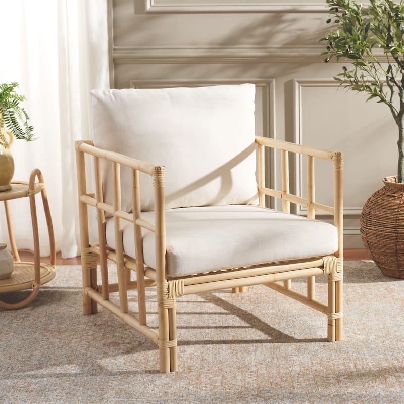 SAFAVIEH Aisling Boho Coastal Solid Wood Accent Chair with Cushion - 26"W x 29"D x 25"H