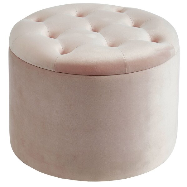 19.75" Blush Pink Solid Contemporary Round Tufted Upholstered Storage Ottoman - N/A