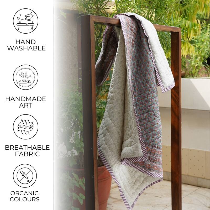 Fabdivine Luxury Hand Block Print Cotton Quilt Floral Boho Bedding for Bedroom & Sofa, Pink Brown, Handmade Reversible Bedspread