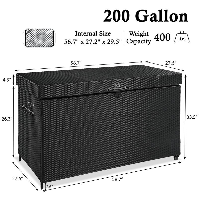 200 Gallon Wicker Deck Box All-Weather Outdoor Storage Box with Wheels Lockable Lid and Water Resistant Storage Bag for Patio