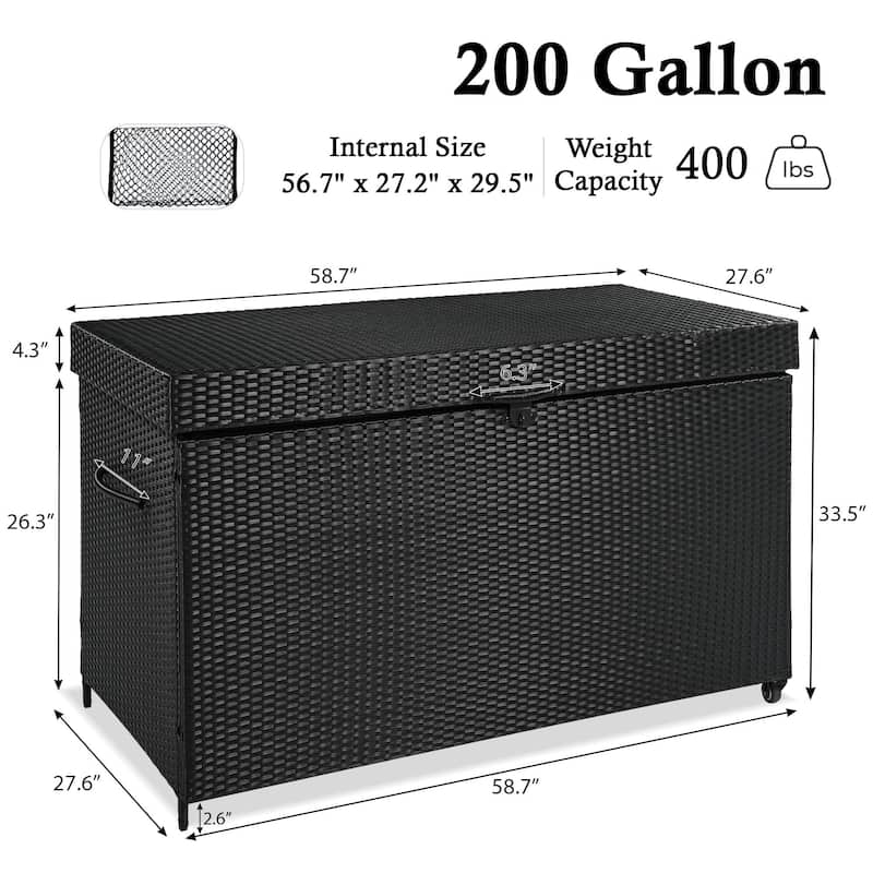 Black Heavy Duty Wicker Deck Box with 4 Wheels, Lockable Lid and Bench for Patio Poolside and Garden​