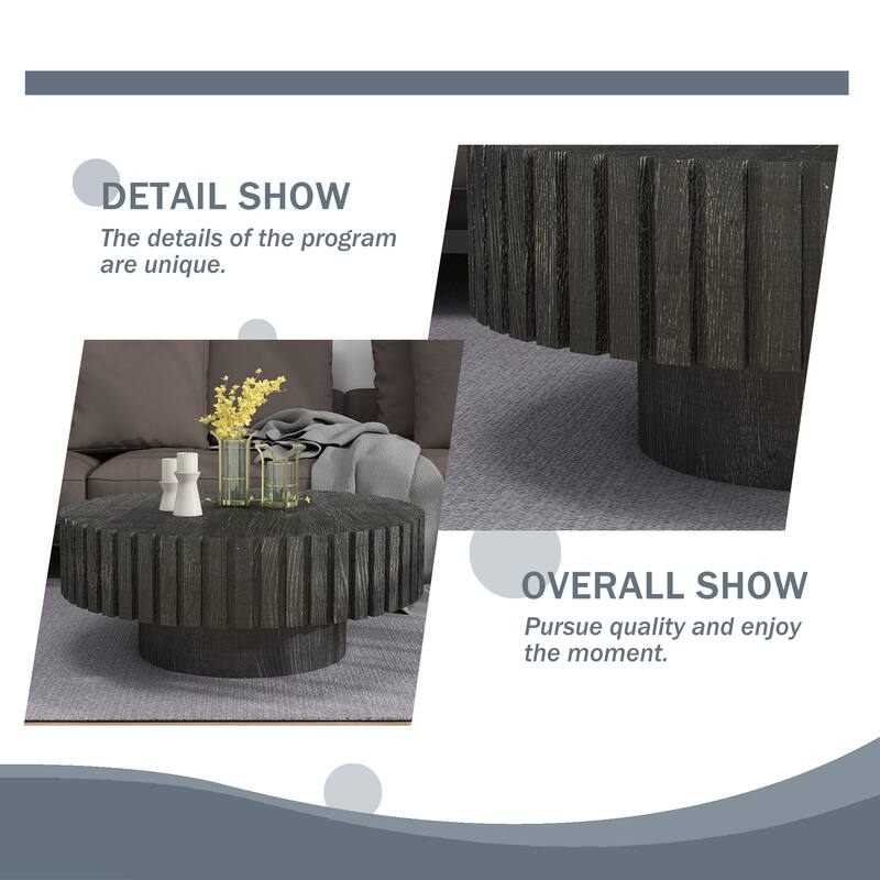 GDFStudio - Norwyn Minimalist Aesthetics Round Coffee Table with Sturdy Base and Handcrafted Relief Carving - 31.5"W