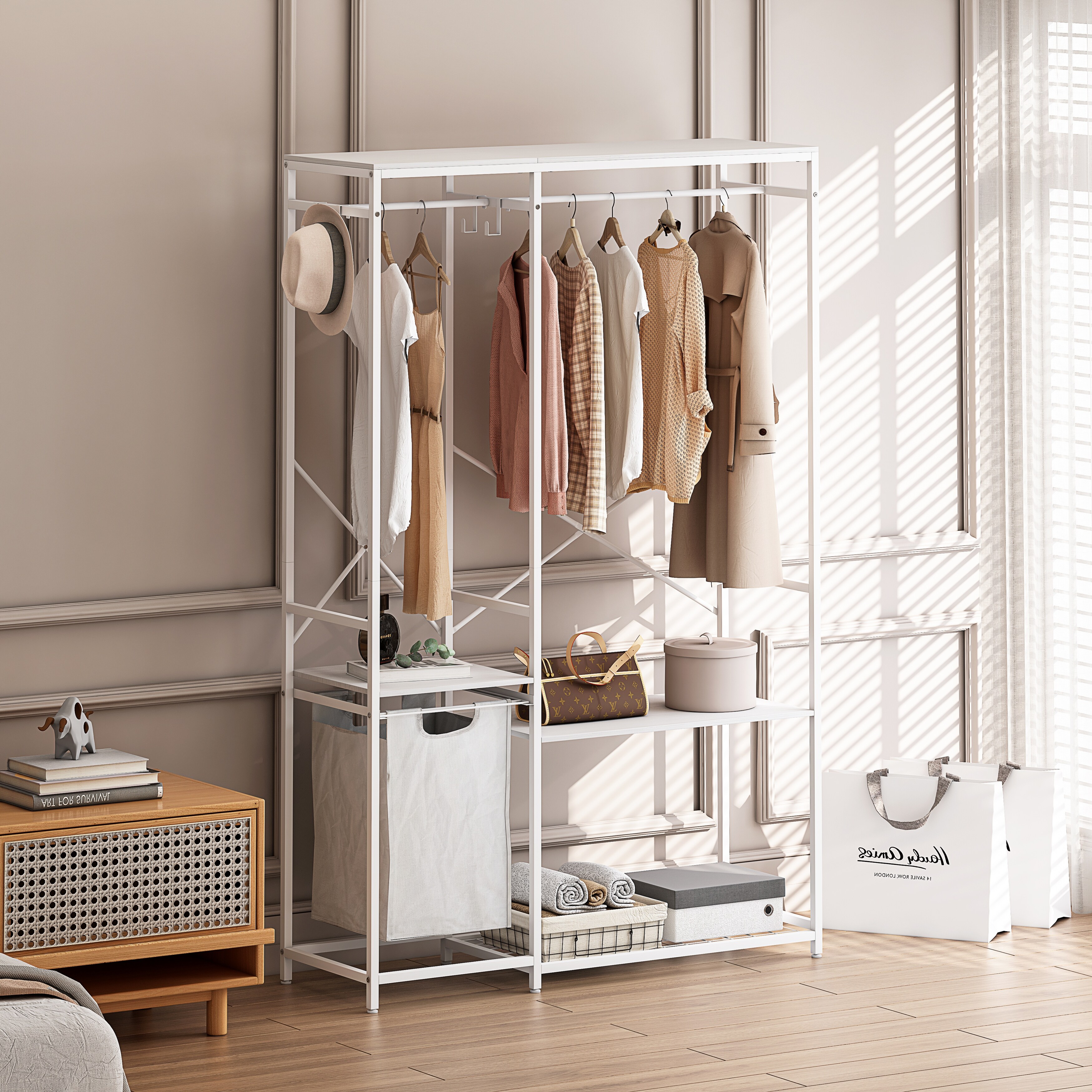Portable White Wardrobe Coat Rack w/ Mesh Storage Rack Storage
