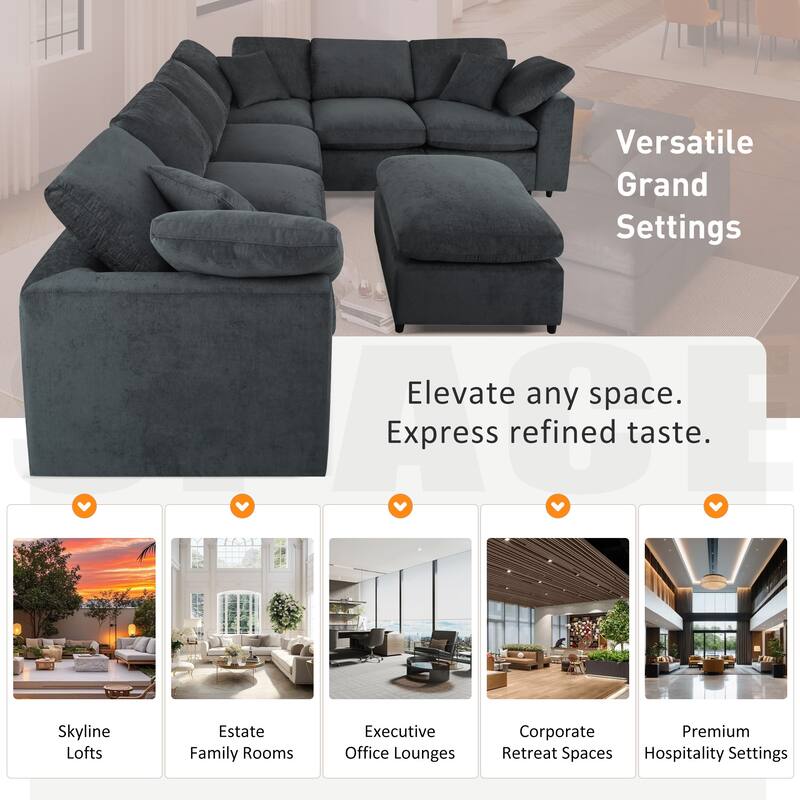 7-Seater Modular Sectional Sofa with Movable Ottoman, Extra Large L-Shaped Chenille Fabric Sofa for Spacious Living Room
