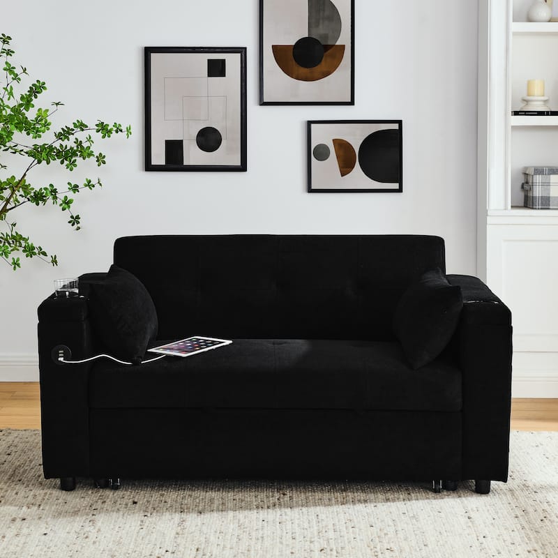 54" Pull-Out Sleeper Sofa Bed Double Seat Recliner Sofa Bed with Armrests with Storage and Side Pockets, Adjustable Backrest and