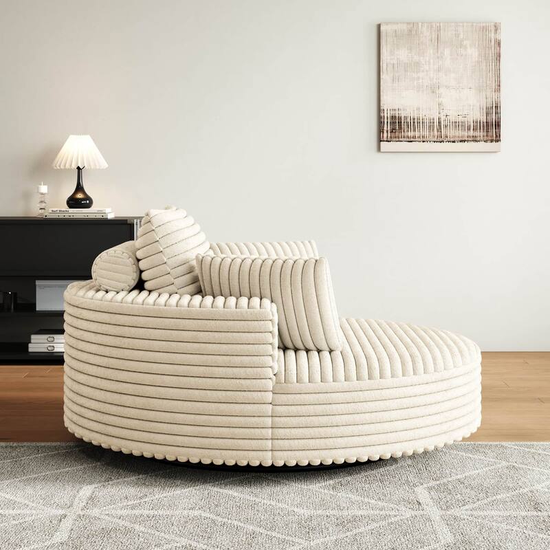 55'' L Corduroy Round Single Swivel Chair, Chaise Lounge with Pillows