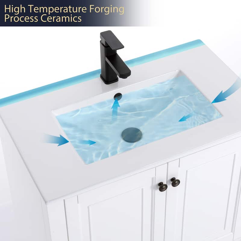 Retro Bathroom Vanity Cabinet Solid Wood Classic with Ceramic Sink