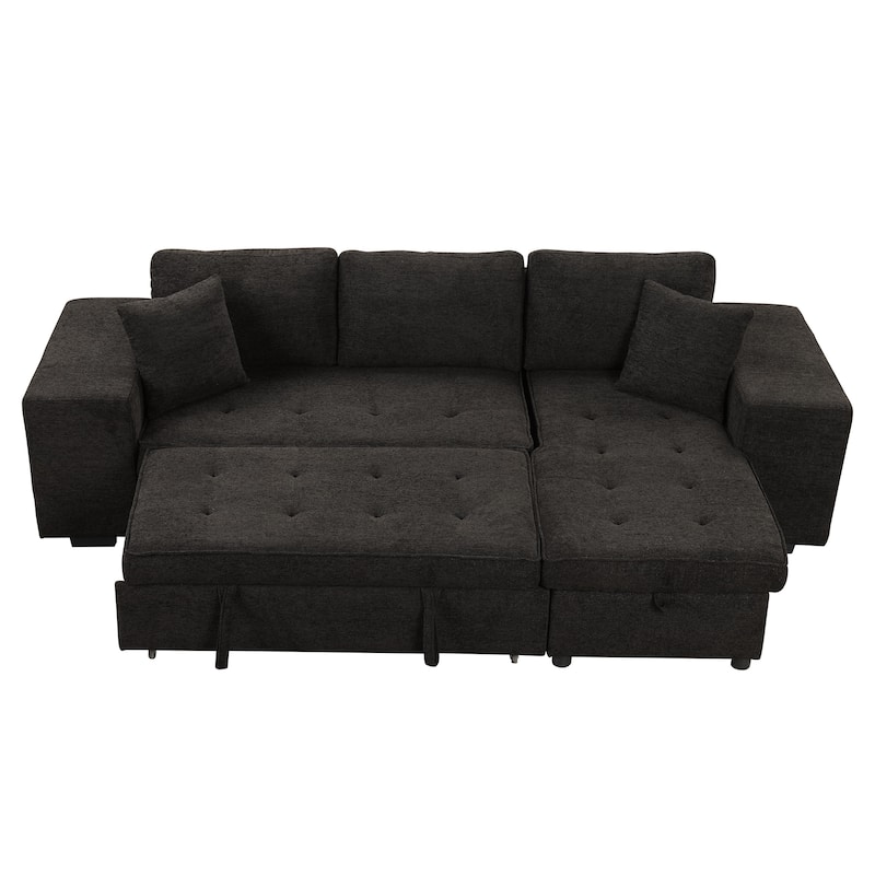 104.5" Charcoal L-Shaped 3-Seater Convertible Sofa with Pull-Out Bed, Storage Chaise, and 2 Convenient Stools for Living Room