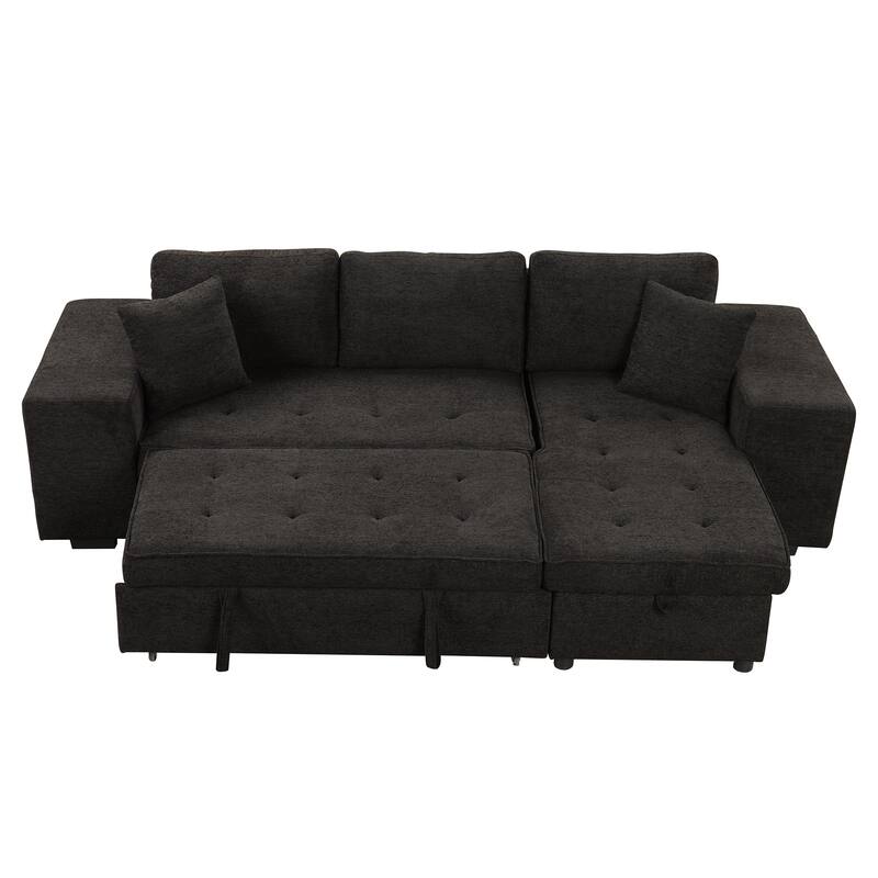 104.5" L-Shape 3 Seat Reversible Sectional Couch with Storage Chaise and 2 Stools, Modern Pull Out Sleeper Sofa with Pillow