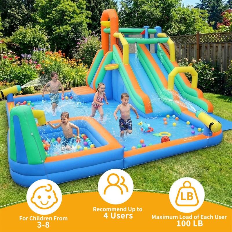 Oxford Cloth Inflatable Castle Bounce House In Blue And Yellow With Double Slides, Climbing Wall And Water Pool - N/A