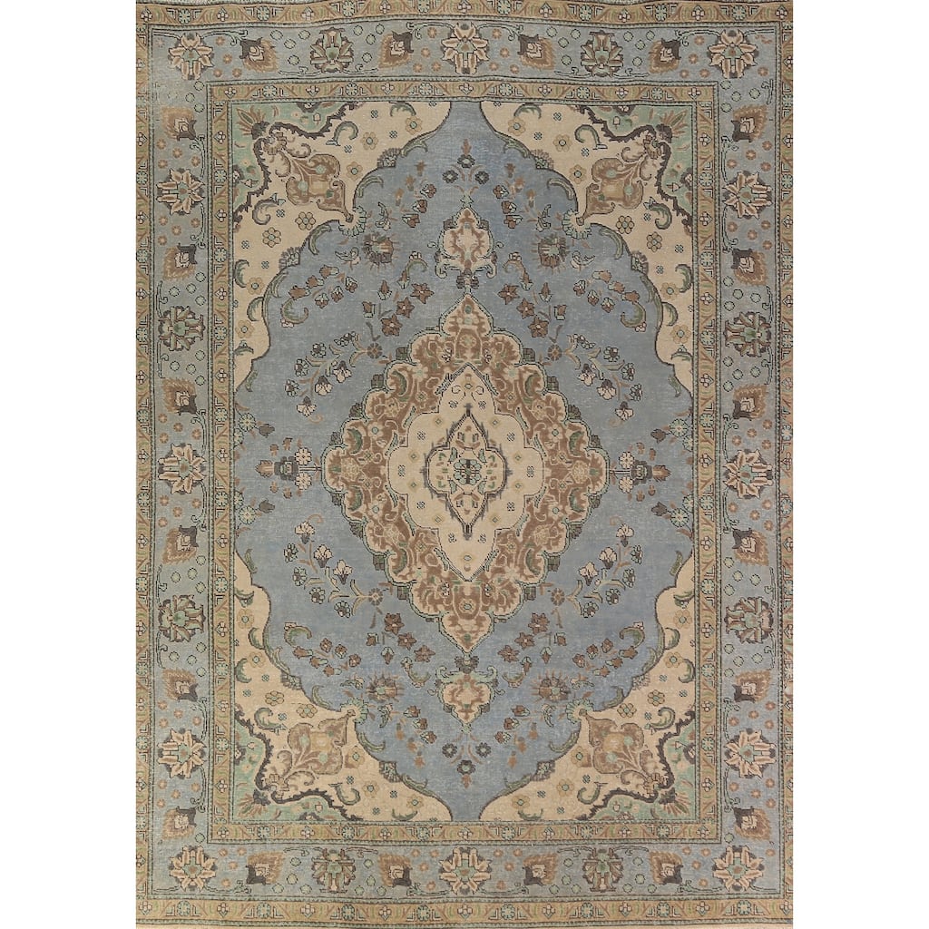 Light Blue Tabriz Persian Area Rug Hand-Knotted Oriental Wool Carpet - 7'10"x 11'1"