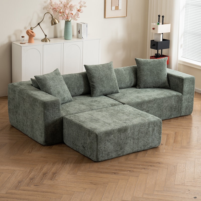Modular Lounge Couch L-shaped Sectional Sofa with Chaise, Cotton & Linen Fabric Deep Seat Loveseat with Ottoman and Pillows