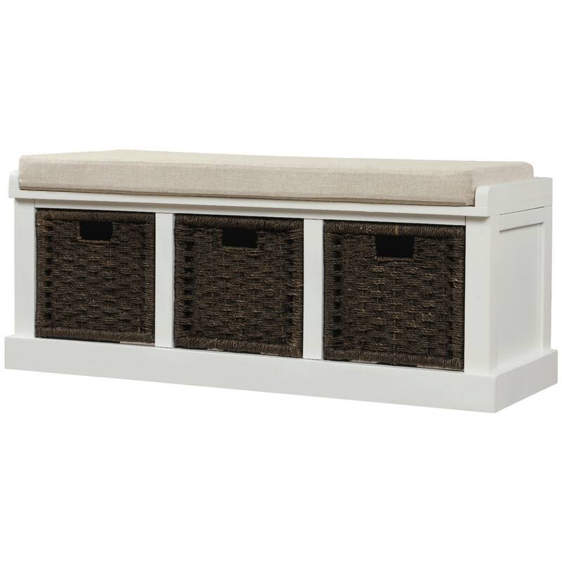 Rustic Storage Bench with 3 Removable Rattan Baskets and Cushion, Entryway Bench with MDF Frame, No Assembly Required