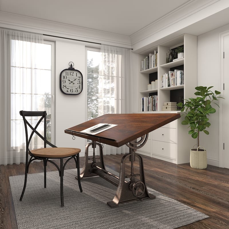 Teak Wood Drafting Style Desk with Tilting Top and Crank Height Adjustment - Brown - Roche River Decor
