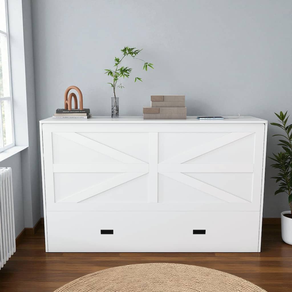 57" Murphy Bed with Storage Drawers, Charging Cabinet, Foldable Panels & Lockable Wheels, Full Size Wall Bed for Guest Room