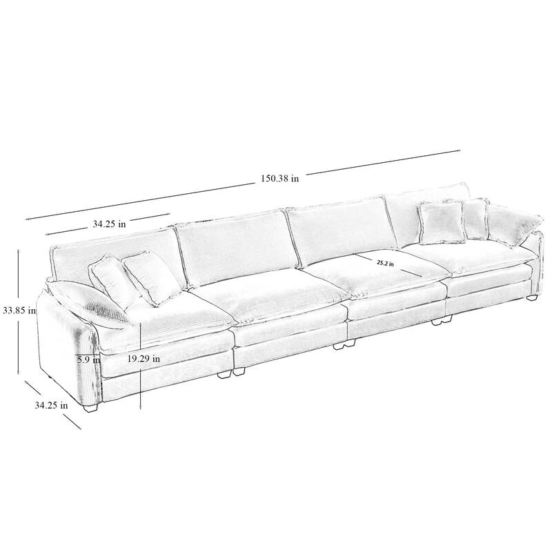 Grey 150" Corduroy 4-Seater Modular Sectional Sofa, 6 Pillows & Free Combination