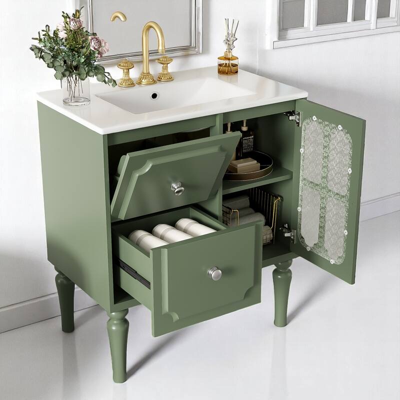30 Inch Bathroom Vanity Set with Sink, Solid Wood Frame, Green Cabinet with Storage Drawers and Glass Panel