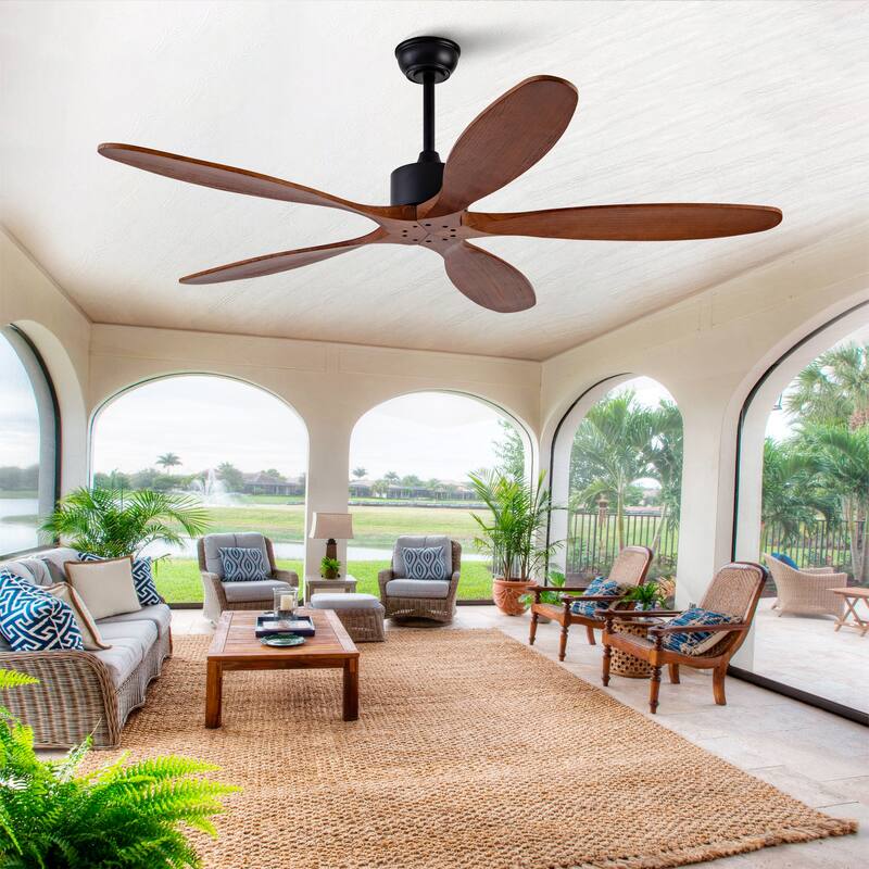 60 Inch Ceiling Fan With 5 Solid Wood Blades Remote Control Reversible DC Motor For Living Room