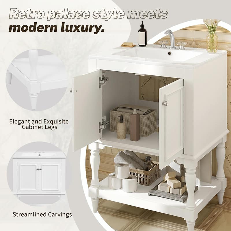 24" Modern Luxury Bathroom Vanity with Ceramic Sink, Freestanding Cabinet with Open Shelf and Enclosed Storage