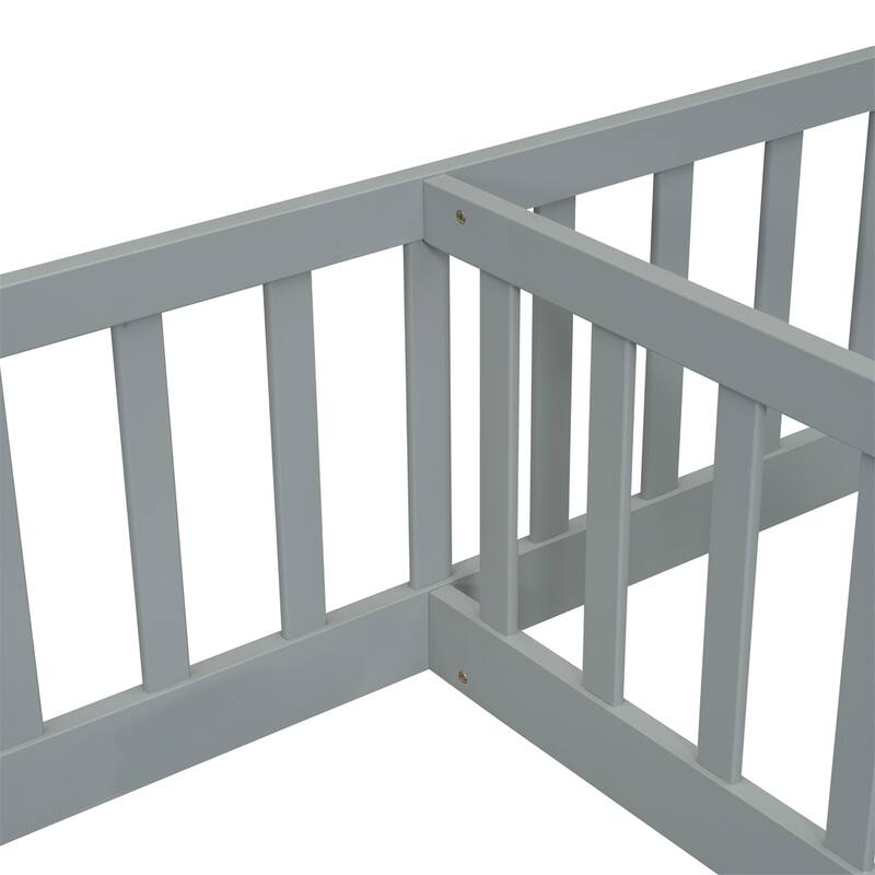 Double Twin Floor Bed with Fence, Guardrails,Without Door