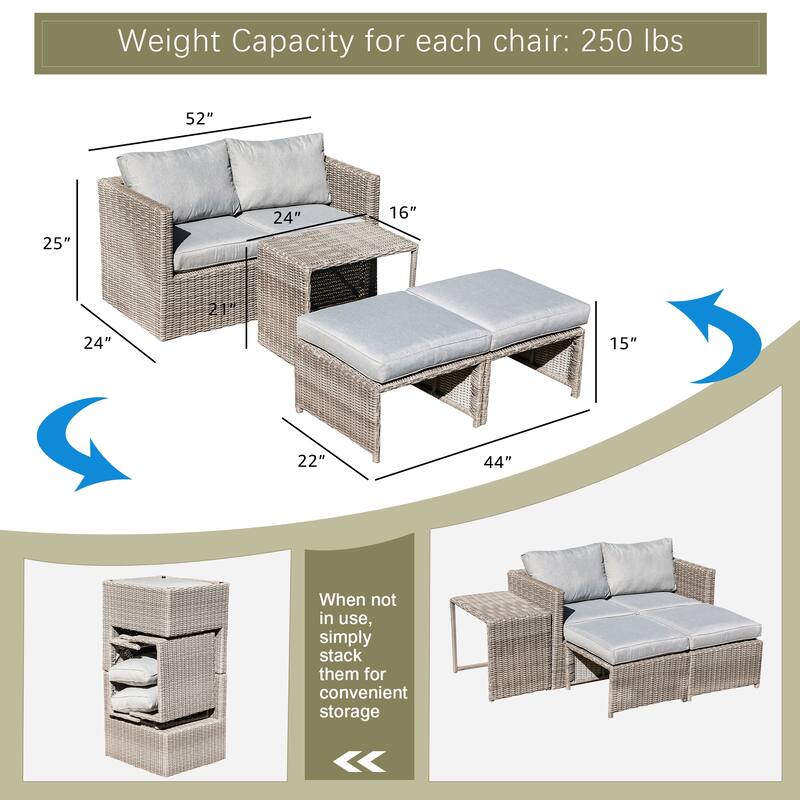 5-Piece Outdoor Rattan Conversation Set Wicker Chair with Cushions