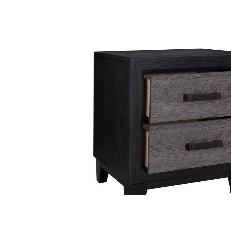 Grey and Black Nightstand with Rustic Wood Inlay and Sleek Metal Hardware
