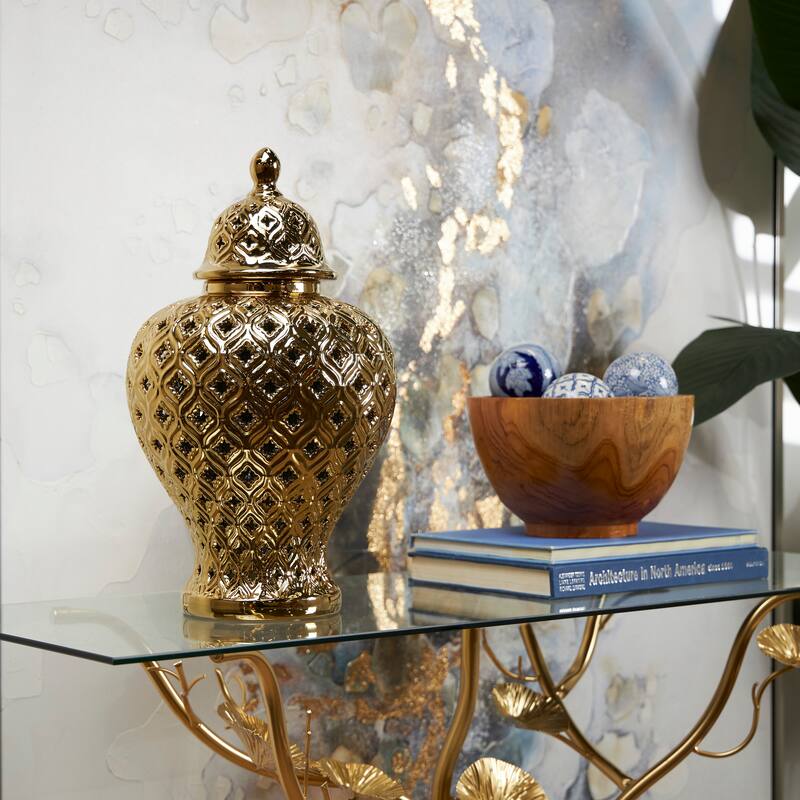Gold Ceramic Living Room Decorative Jars with Geometric Cutout Design and Lid