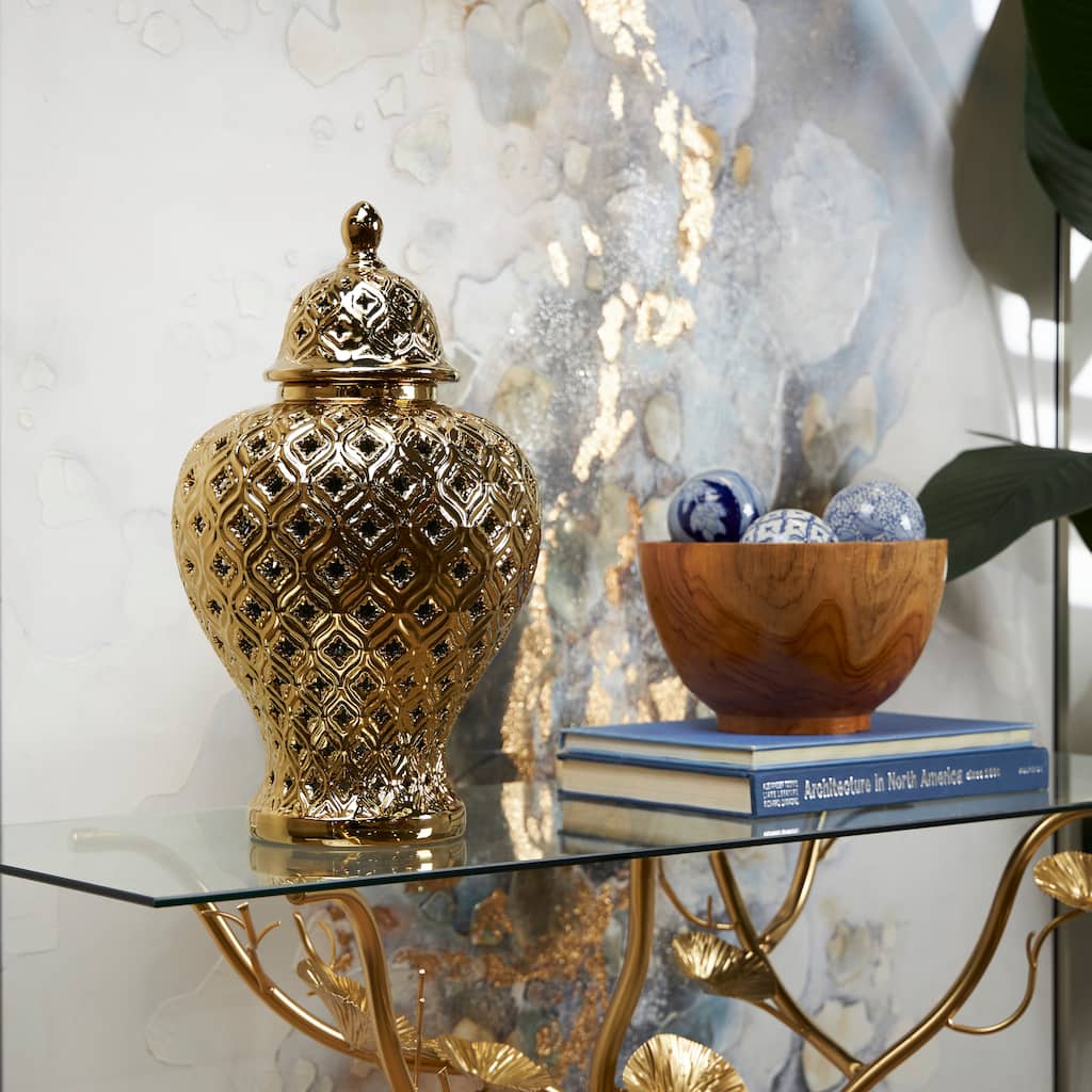 Gold Ceramic Living Room Decorative Jars with Geometric Cutout Design and Lid