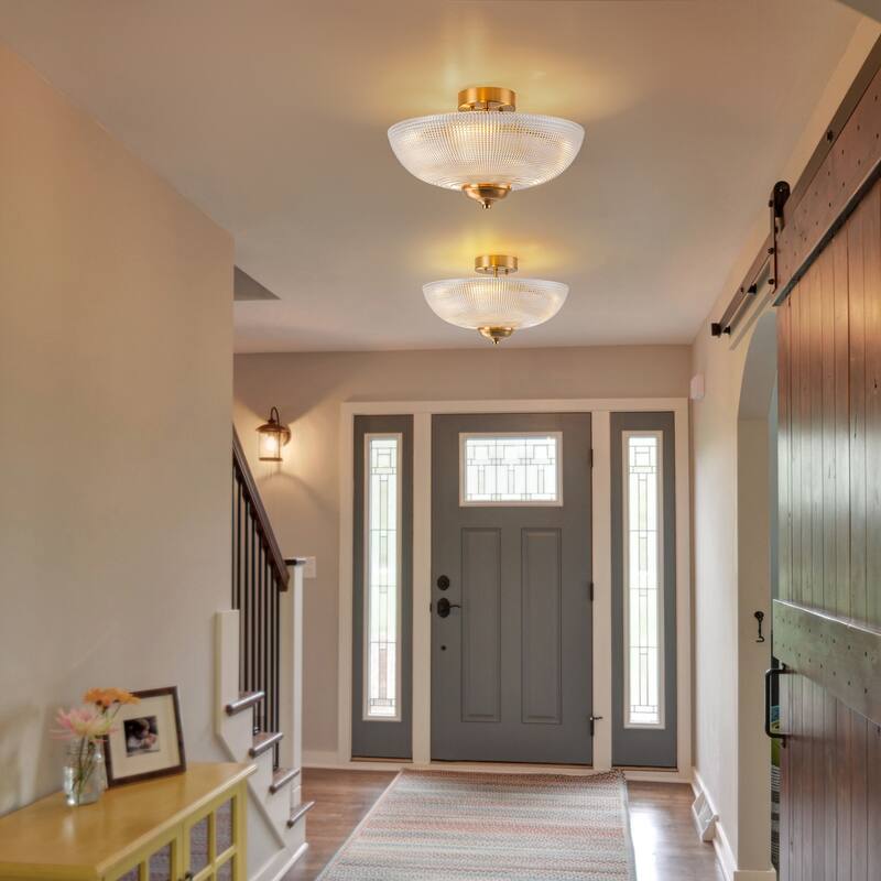 Industrial 3-Light Gold Semi Flush Mount Lights with Grid Textured Glass - Brass