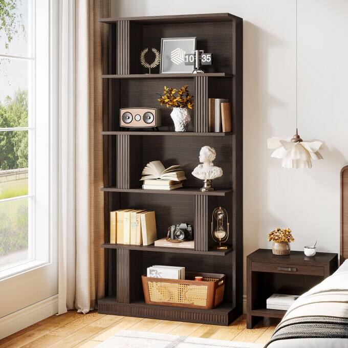 5-Tier Modern Storage Bookshelf, 70-Inch Tall Black Bookcase - Black