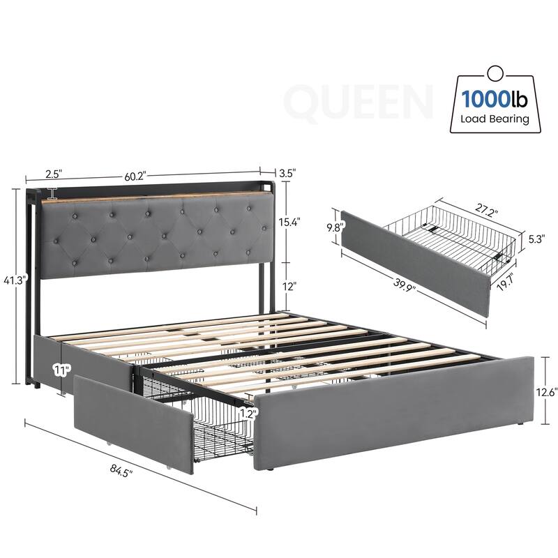 Upholstered Velvet Platform Bed Frame with 4 Storage Drawers and Charging Station