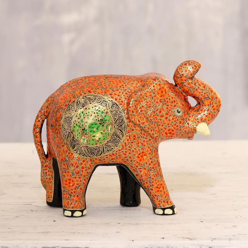 Novica Handmade Cute Baby Elephant In Orange Papier Mache Sculpture