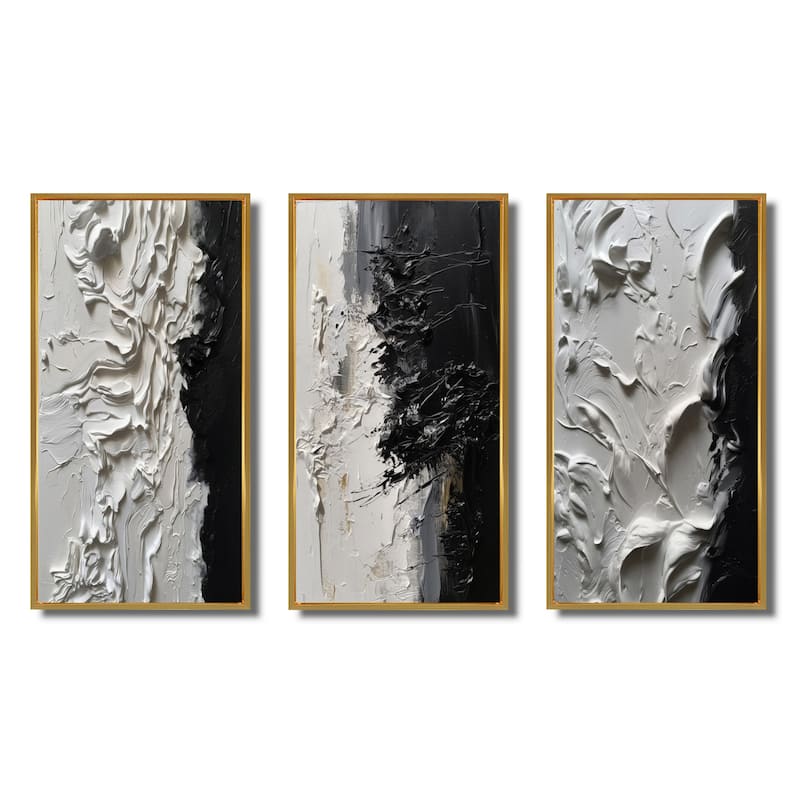 Designart "White And Black Tranquility Unleashed III" Abstract Marble Framed Wall Art Set Of 3 For Office Decor
