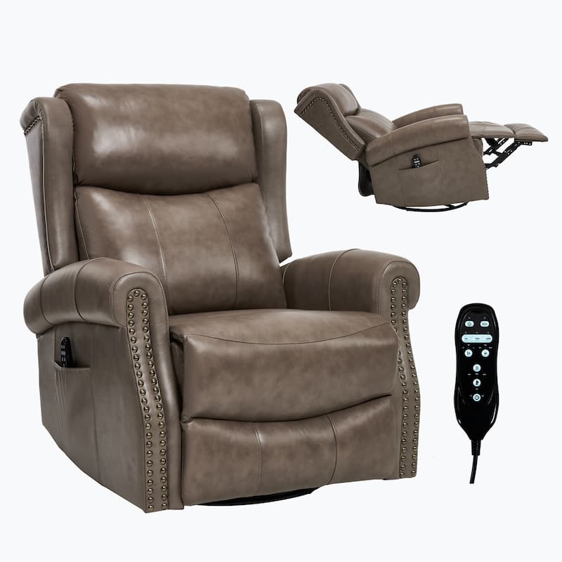 360° Swivel Rocking Recliner with Heat & Massage, Genuine Leather