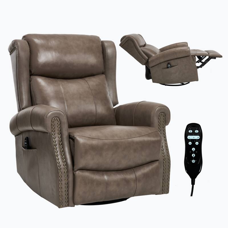 Manual Recliner Chair with Heat & Massage, Genuine Leather Swivel Recliner Chair, Lounge Sofa Chair with Side Pockets