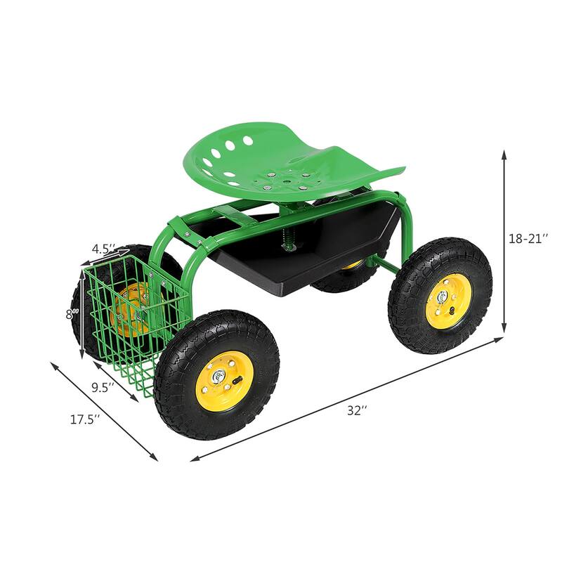 Garden Cart with Rolling Seat & Tool Tray for Lawn Care Gardening