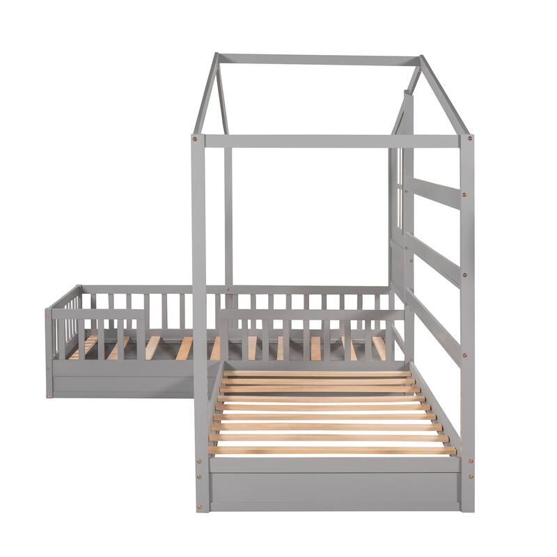 L-Shaped Twin Size House Platform Bed, 2 Twin Solid Bed