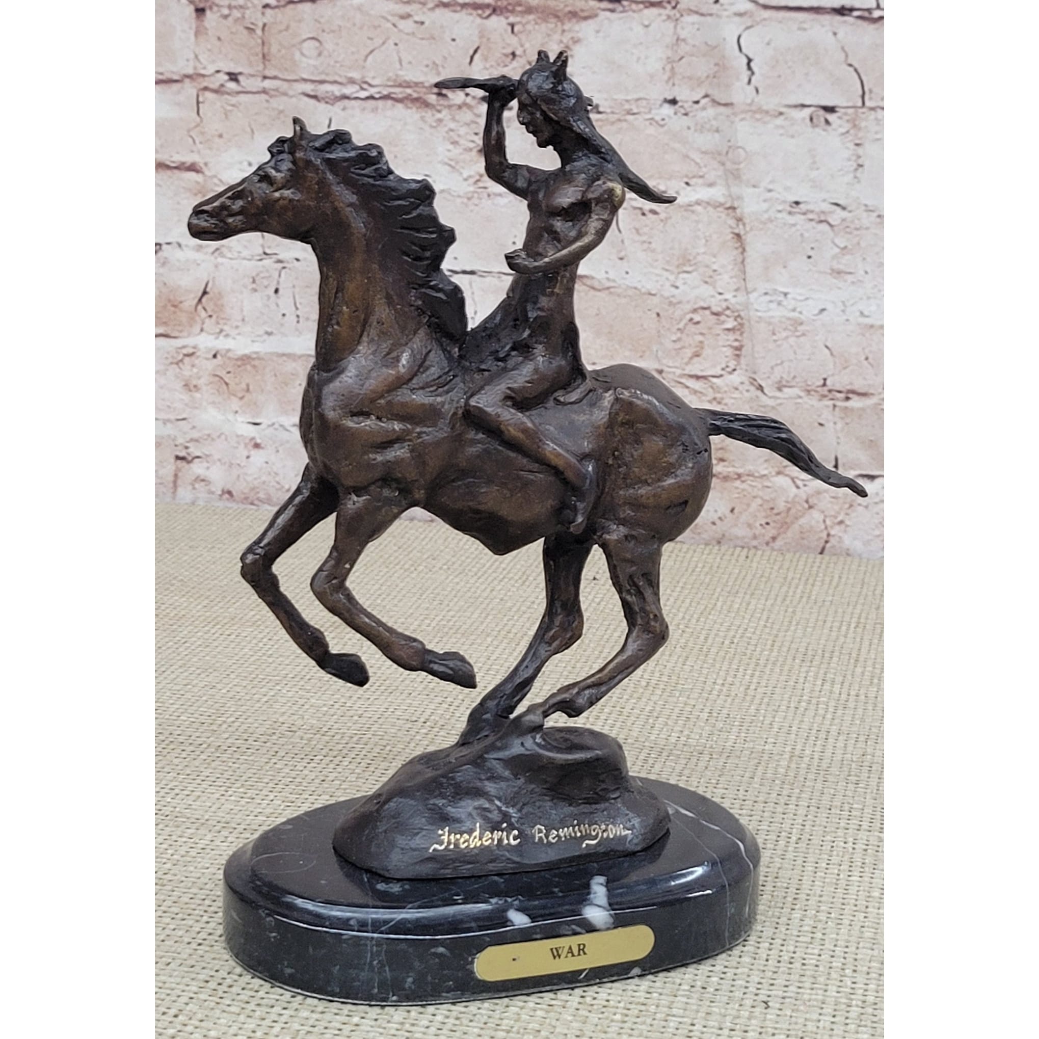 War Western Bronze Sculpture Native American Horseback Statue 9 Inches X 8 Inches