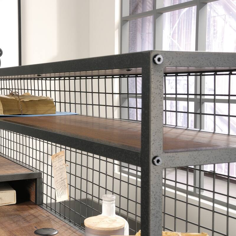 Engineered Wood Industrial L-Shaped Desk with 2 Drawers and Shelves, Brown