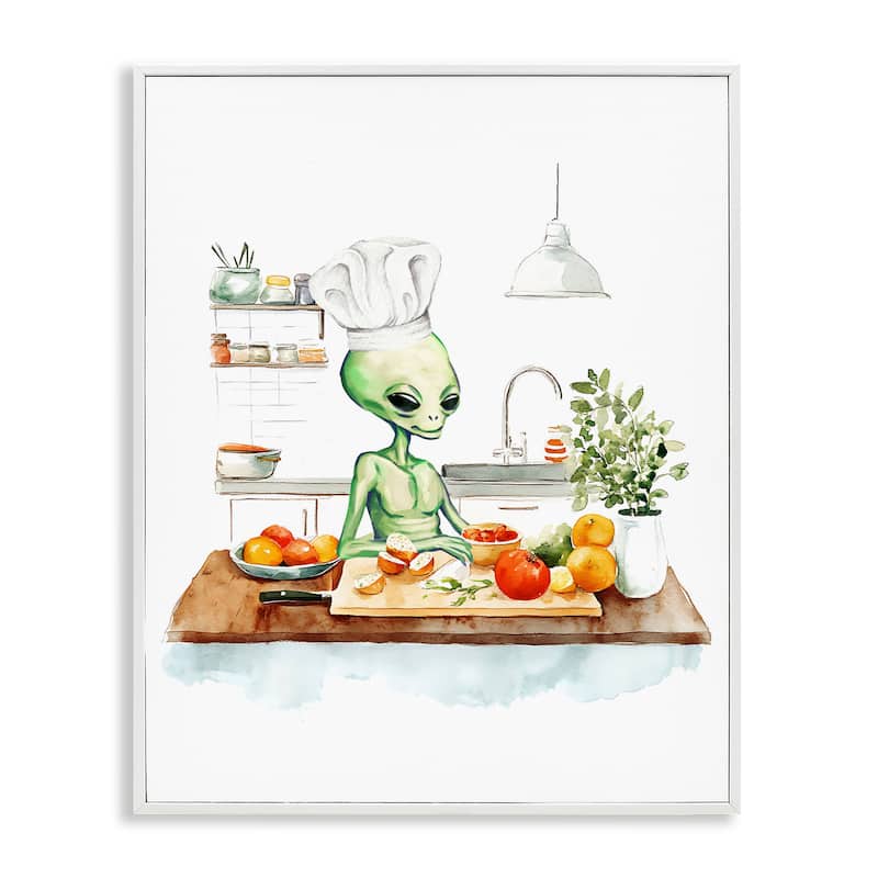 Stupell Chef Alien in Kitchen Framed Giclee Art Design By Lil' Rue - 24 x 30 - White