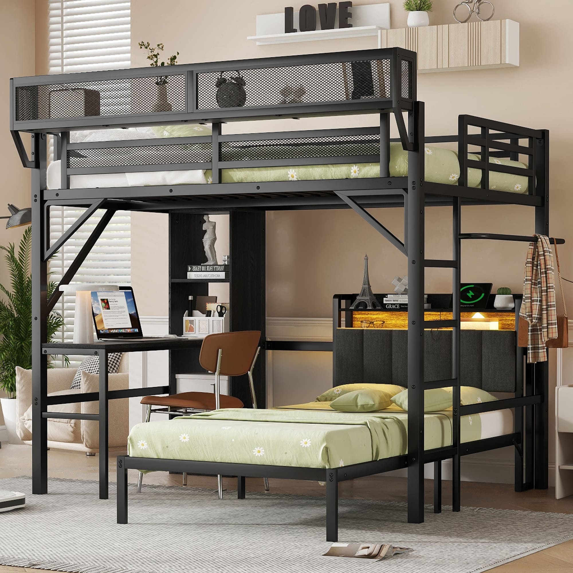 Detachable Full Over Twin Metal Bunk Bed with Study Desk, 4 Tier Bookshelves, LED Lighting and Charging Station