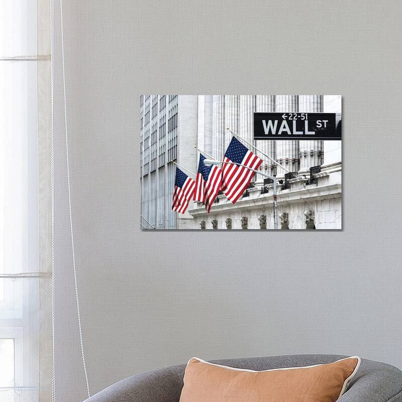 iCanvas "American Flags & Wall Street Signage, New York Stock Exchange, Financial District, NYC" by Matteo Colombo Canvas Print - 18x26x1.5