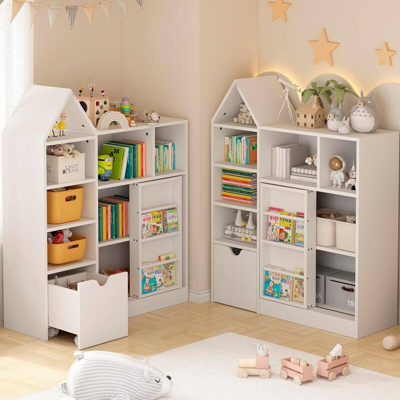 Kids Bookshelf with Storage, Toy Organizer, Kids Bookshelf with Storage Cubby,Bookcase - White