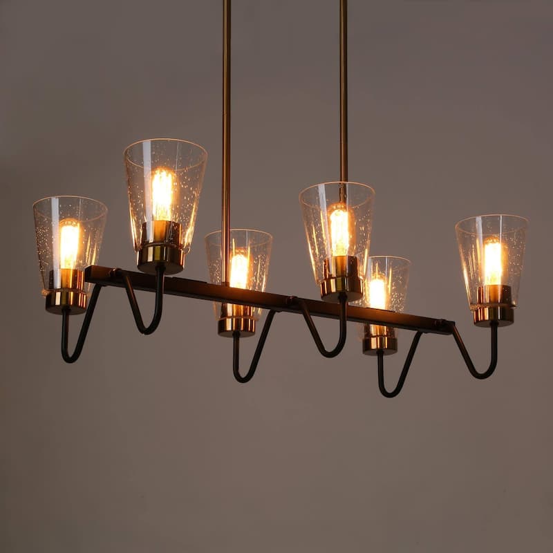 Ivelle Farmhouse 6-Light Black Gold Linear Chandelier Cone Glass Kitchen Island Pendant Lights - 27.5"L