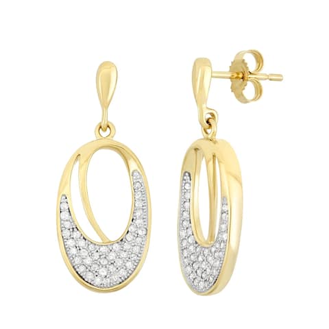 HDI 0.25 CTTW Yellow Gold Diamond Oval Dangle Earrings.