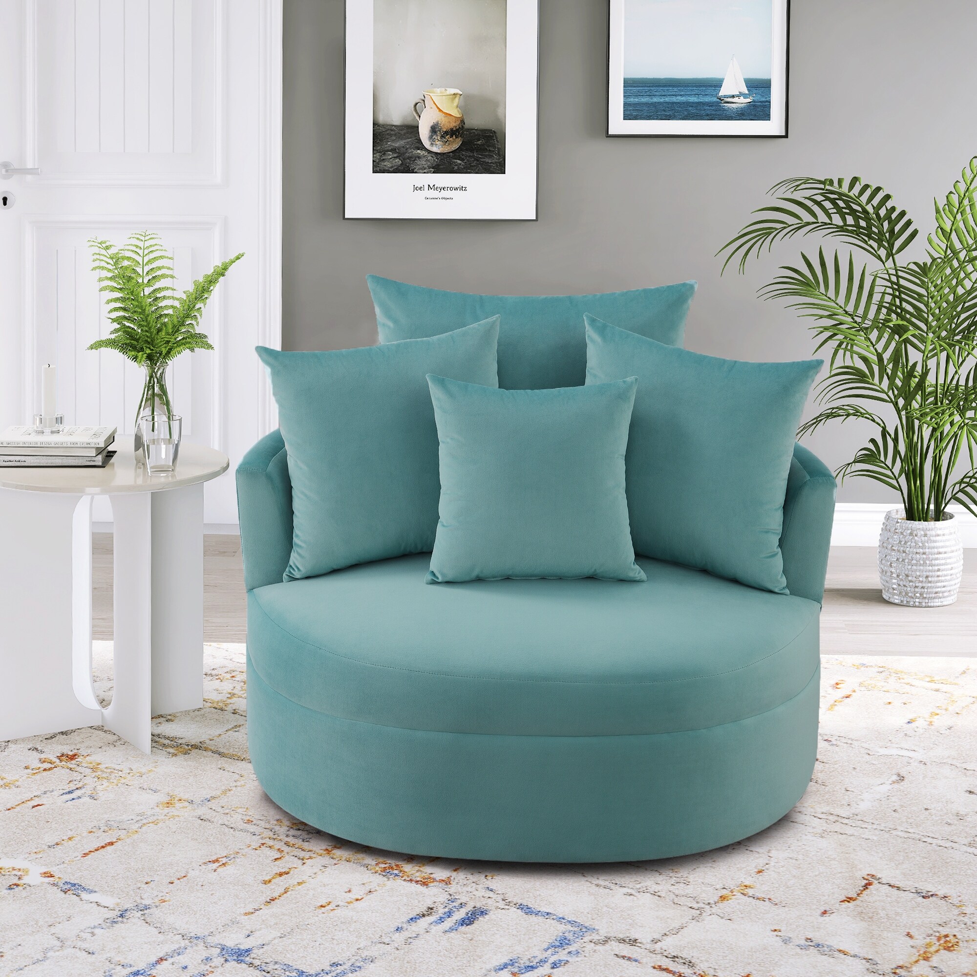 360° Swivel Barrel Chair with 4 Pillows, Velvet Leisure Chair Round Accent for Living Room